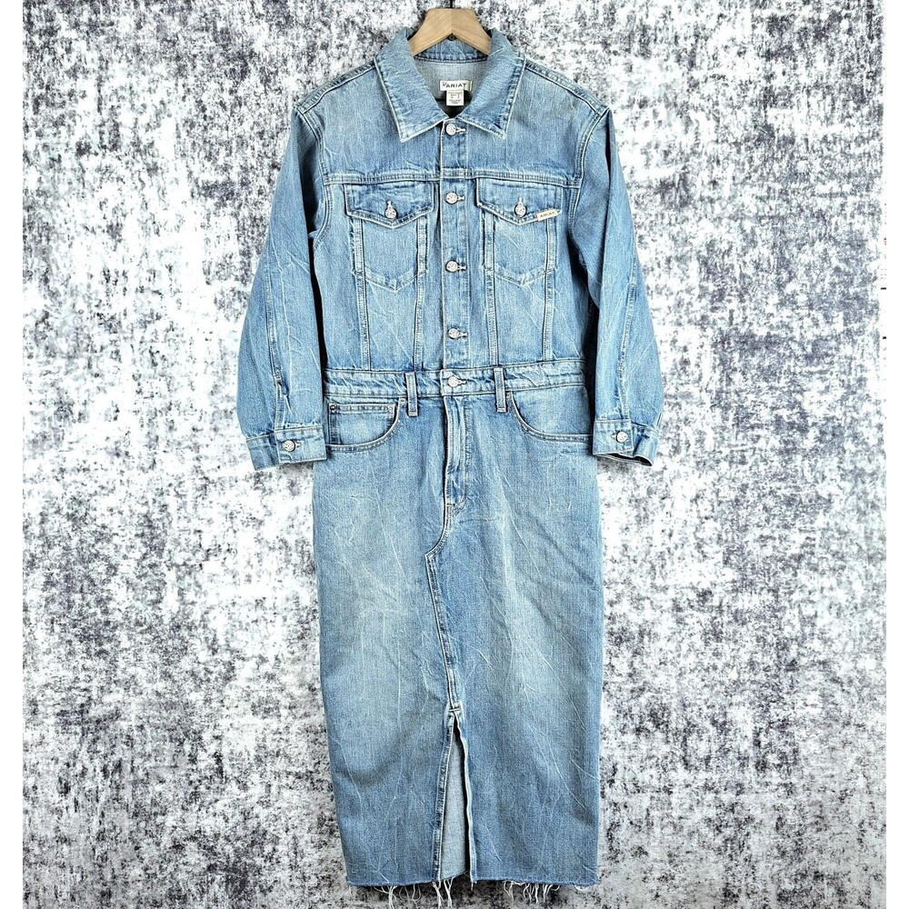 Ariat Midi Shirt LOTTA DENIM Dress L/S Size M Slit Hem Fringe 58 of 60 RARE BOHO